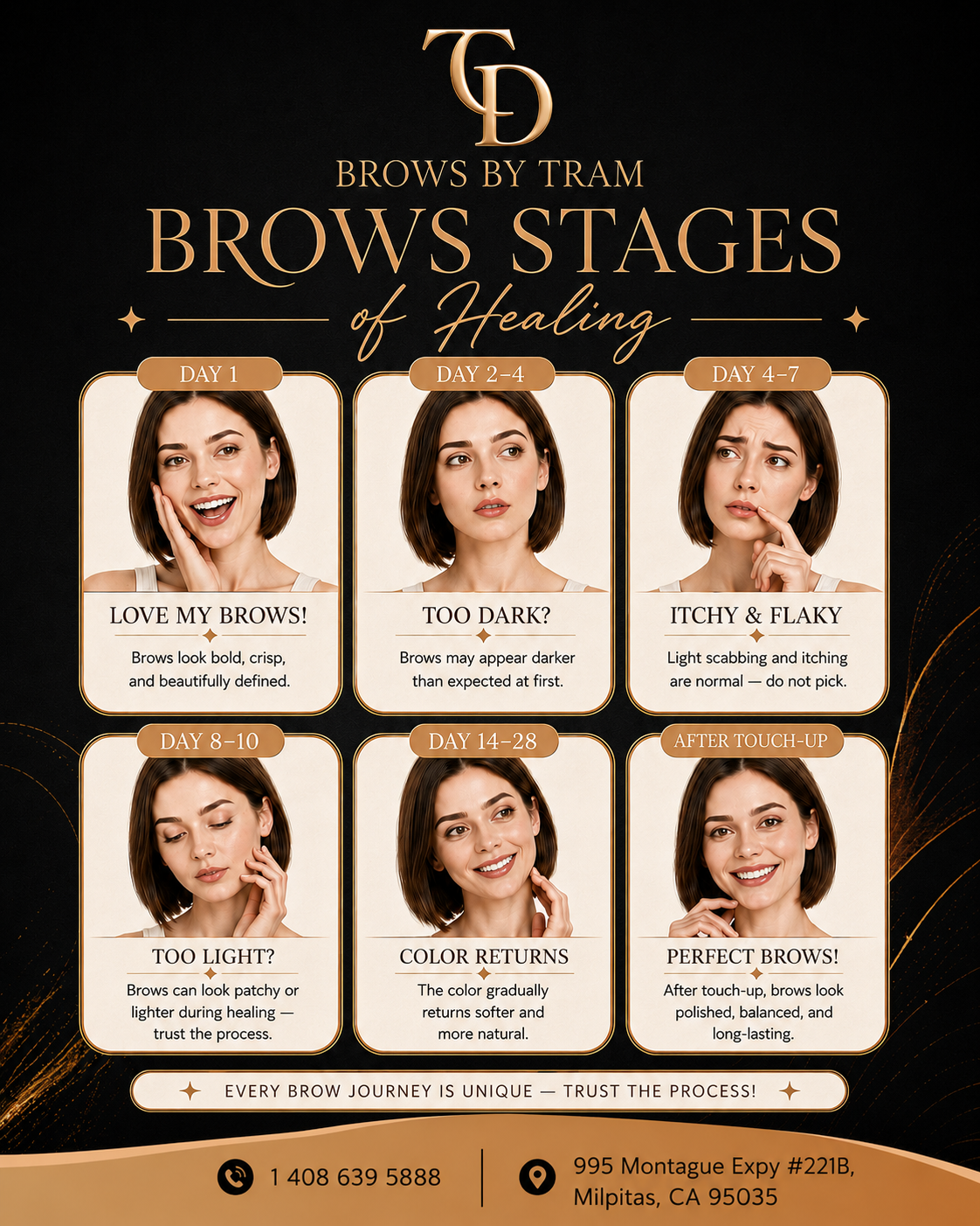 Brows stages of healing - detailed timeline from day 1 to after touch-up showing what to expect during the healing process